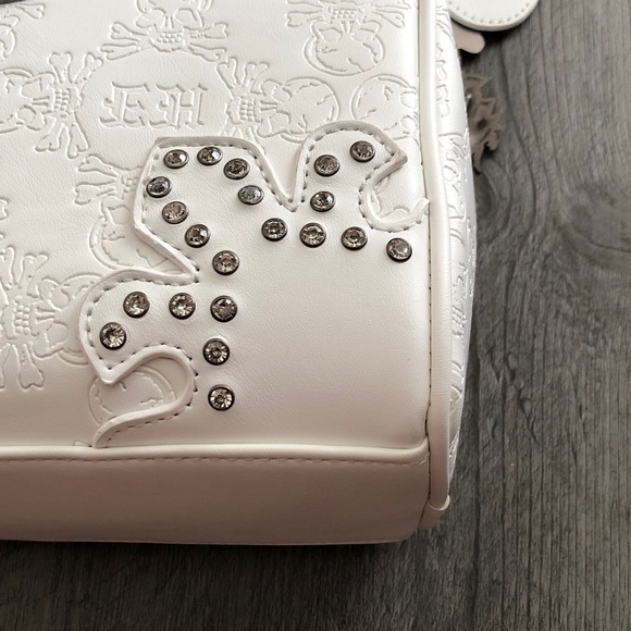 Ed Hardy White Faux Leather Satchel Embossed Skull & Rhinestones Bag Charm NWT - Picture 7 of 16